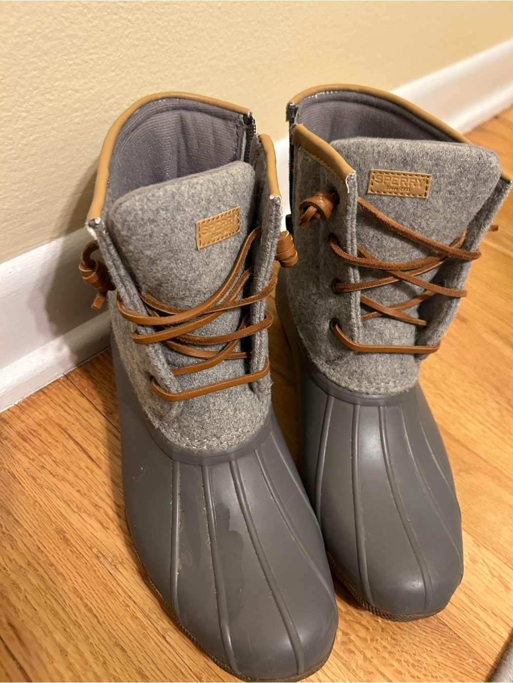 Sperry Gray Wool-Top Duck Boots with Tan Laces